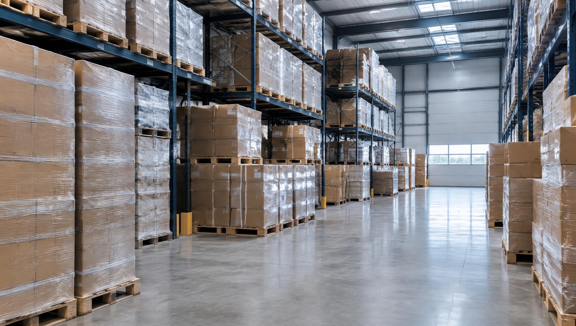 Warehouse aisle with palletised goods wrapped in stretch film (illustrative image)